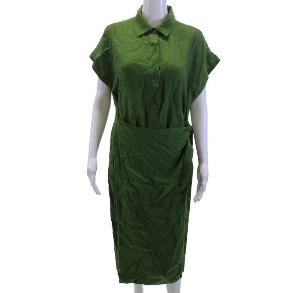 A Piece Apart Women Green Linen Shirt Dress Collared Short Sleeve Midi Size M